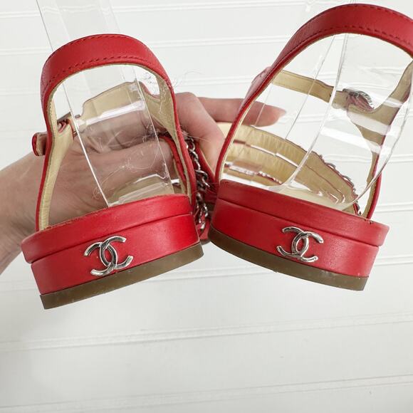 Chanel Red Leather CC Chain Sandals Four Strap Ankle Gladiator 38 - Picture 5 of 14